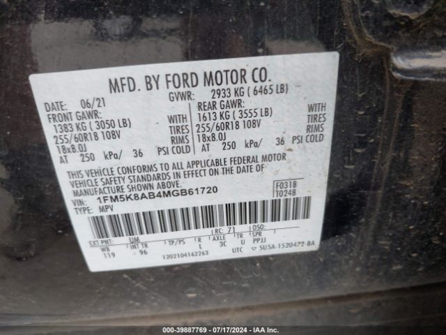 1FM5K8AB4MGB61720 Ford Police Interceptor Utility