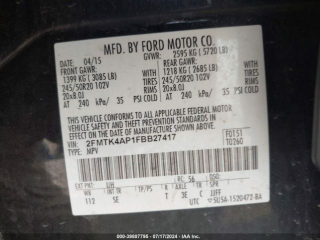 2FMTK4AP1FBB27417 Ford EDGE SPORT