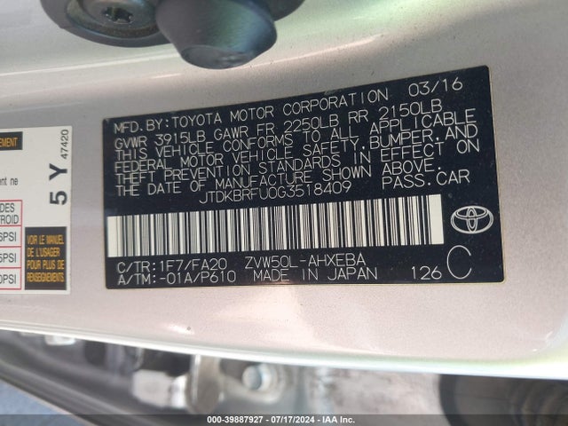 Toyota Prius Two 2016 JTDKBRFU0G3518409 Image 9