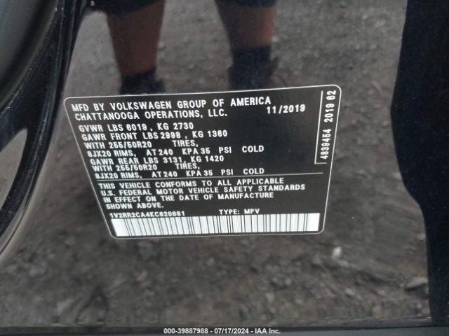 1V2RR2CA4KC620881 Volkswagen Atlas 3.6l V6 Sel R-line