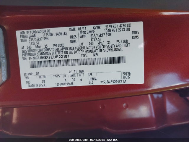 Ford ESCAPE SE 2014 1FMCU9GX7EUE22187 Image 9