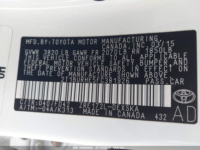 Toyota Corolla S Plus 2015 2T1BURHE5FC381926 Image 9