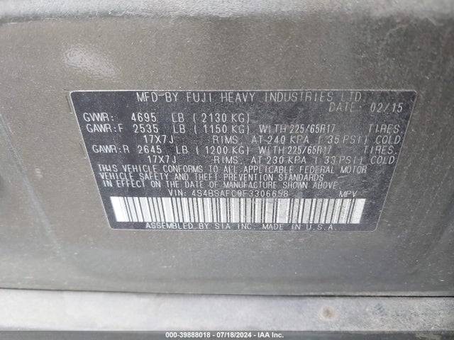 Subaru Outback 2.5i Premium 2015 4S4BSAFC9F3306658 Image 9