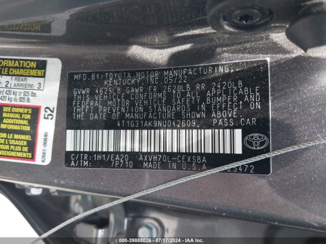 4T1G31AK9NU042609 Toyota Camry Se Hybrid