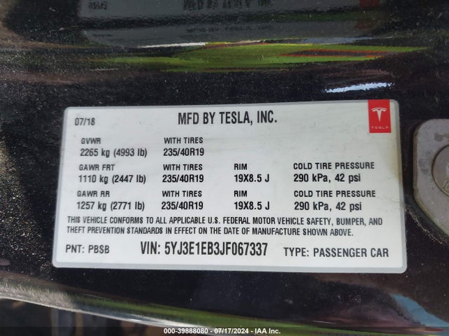 5YJ3E1EB3JF067337 Tesla Model 3 Long Range/performance