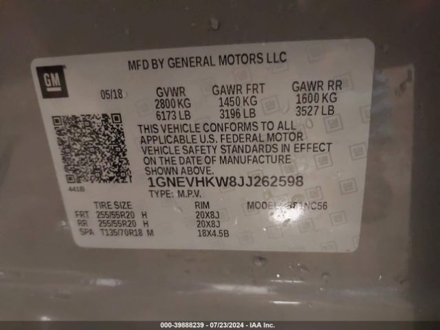 1GNEVHKW8JJ262598 Chevrolet Traverse 3lt