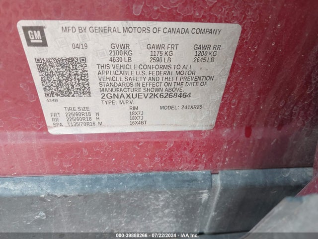 Chevrolet EQUINOX LT 2019 2GNAXUEV2K6268464 Image 9