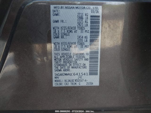5N1AR2MN4GC641541 Nissan Pathfinder S