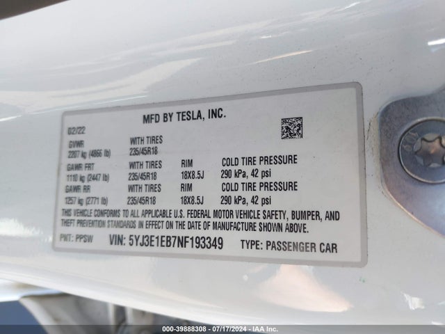 2022 TESLA MODEL 3 5YJ3E1EB7NF193349 Photo 8