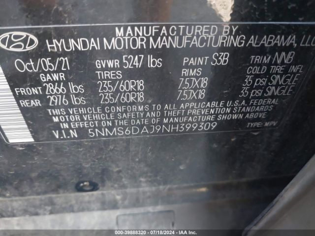 5NMS6DAJ9NH399309 Hyundai Santa Fe Xrt