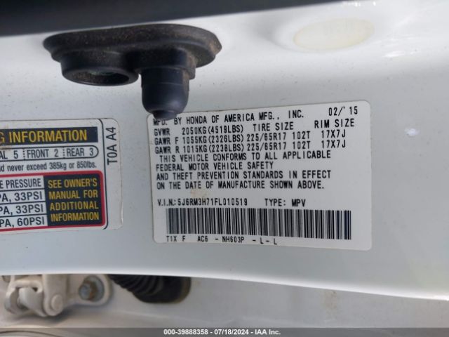 5J6RM3H71FL010519 Honda Cr-v Ex-l