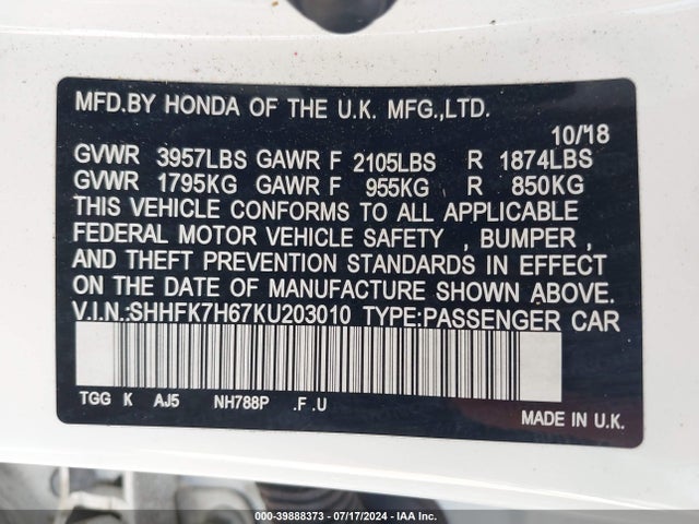 Honda CIVIC EX 2019 SHHFK7H67KU203010 Image 9