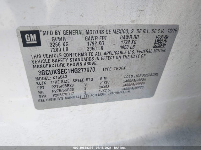Chevrolet Silverado 1500 1lz 2017 3GCUKSEC1HG277970 Image 9