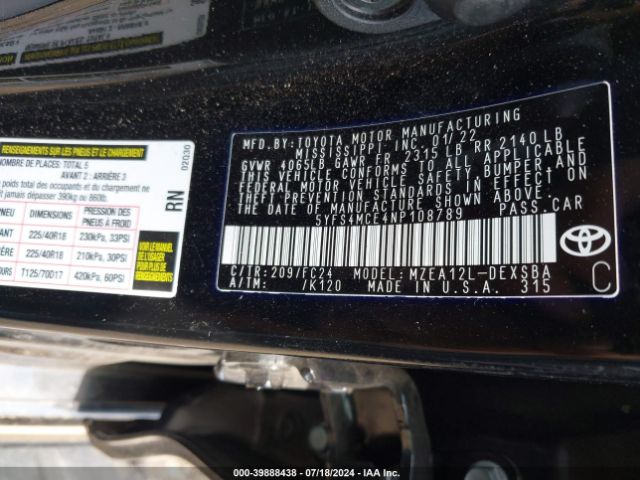 5YFS4MCE4NP108789 Toyota Corolla Se Apex Edition