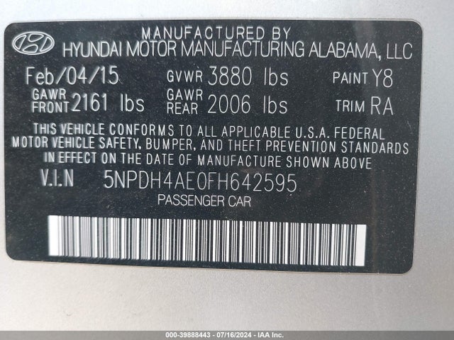 Hyundai ELANTRA SE 2015 5NPDH4AE0FH642595 Image 9
