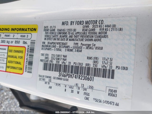 Ford FUSION SE 2015 3FA6P0H74FR230601 Image 9