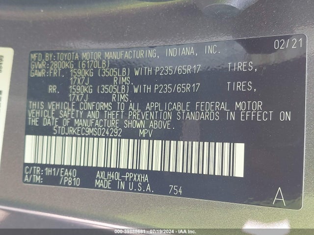 Toyota SIENNA XLE 2021 5TDJRKEC9MS024292 Image 9