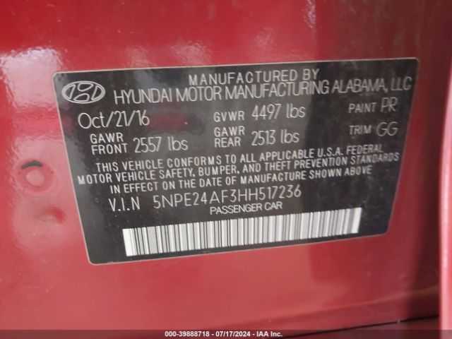 5NPE24AF3HH517236 Hyundai Sonata