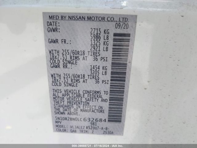 5N1DR2BN0LC632684 Nissan Pathfinder Sv 2wd