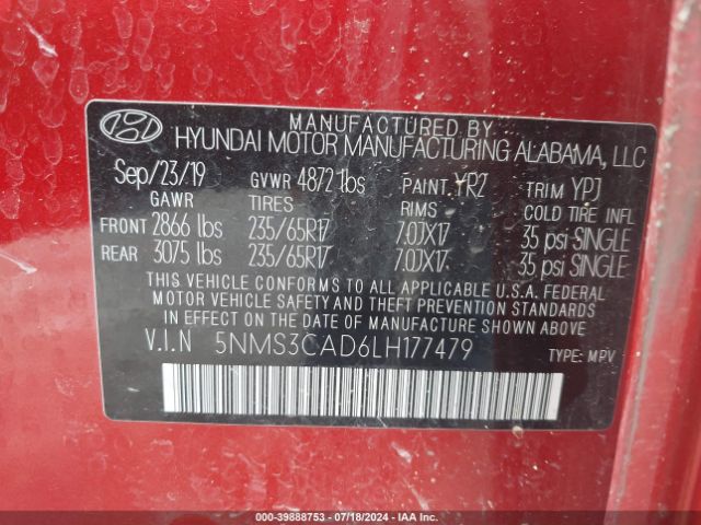 5NMS3CAD6LH177479 Hyundai Santa Fe Sel