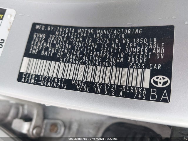 Toyota COROLLA LE 2019 5YFBURHE0KP918602 Image 9
