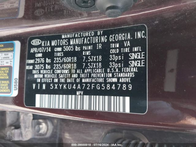 5XYKU4A72FG584789 KIA Sorento Ex V6