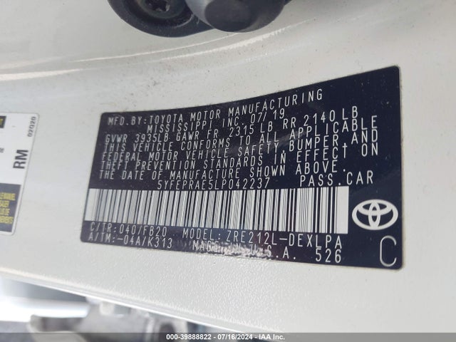 Toyota COROLLA LE 2020 5YFEPRAE5LP042237 Image 9
