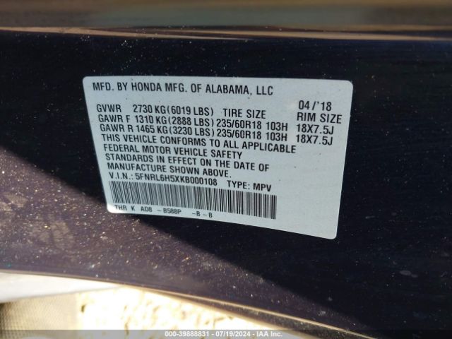 5FNRL6H5XKB000108 Honda ODYSSEY EX