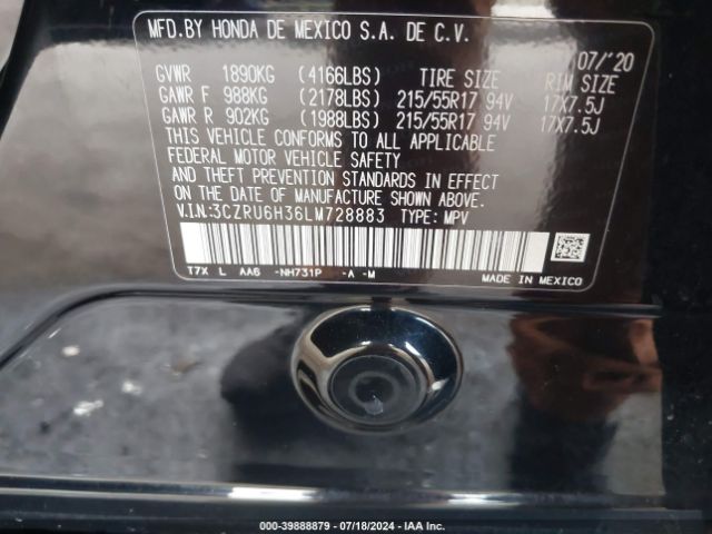 3CZRU6H36LM728883 Honda Hr-v Awd Lx