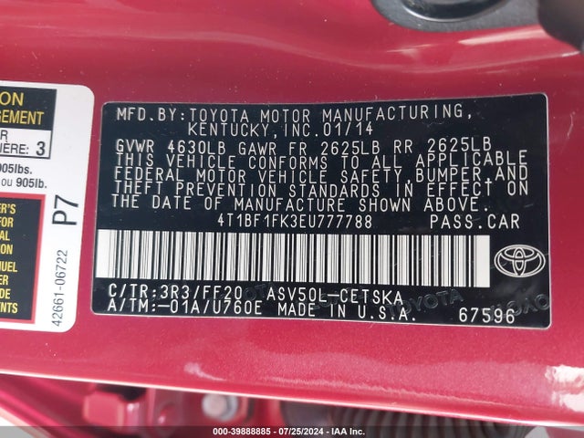 Toyota CAMRY SE 2014 4T1BF1FK3EU777788 Image 9