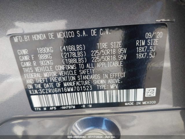 3CZRU6H16MM701523 Honda Hr-v Awd Sport