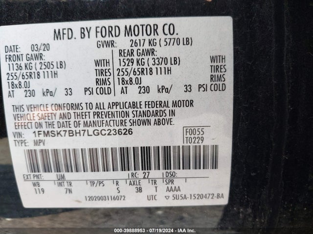 Ford Explorer 2020 1FMSK7BH7LGC23626 Image 9