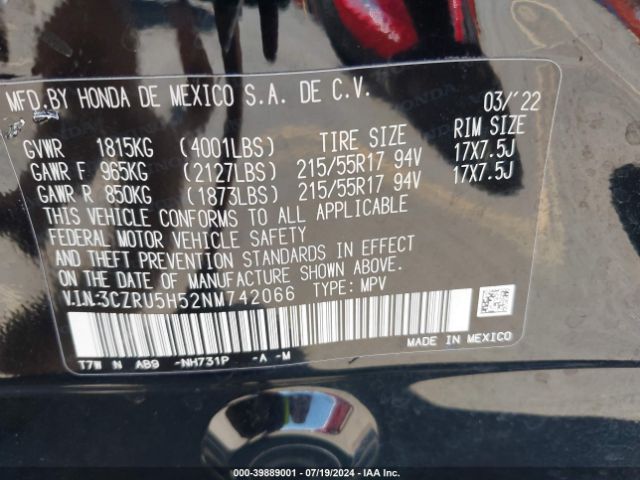 3CZRU5H52NM742066 Honda Hr-v 2wd Ex