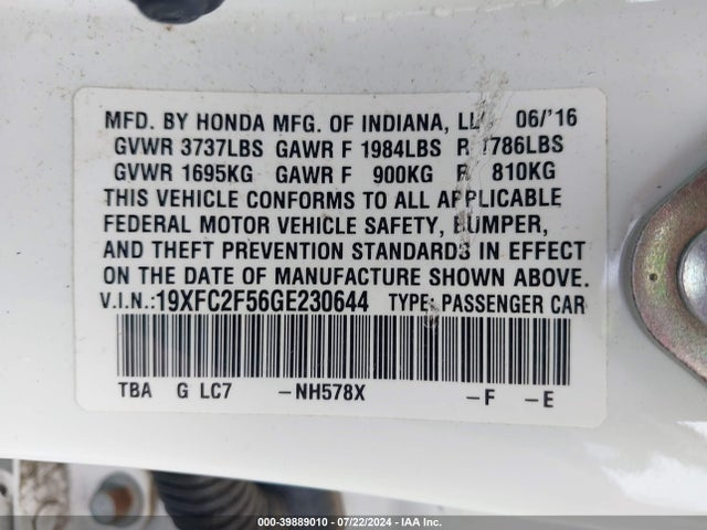 Honda Civic Lx 2016 19XFC2F56GE230644 Image 9