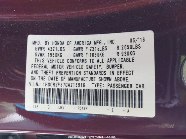 1HGCR2F57GA215916 Honda Accord Sport