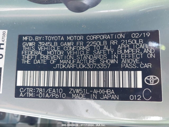 Toyota PRIUS XLE 2019 JTDKARFU0K3073357 Image 9