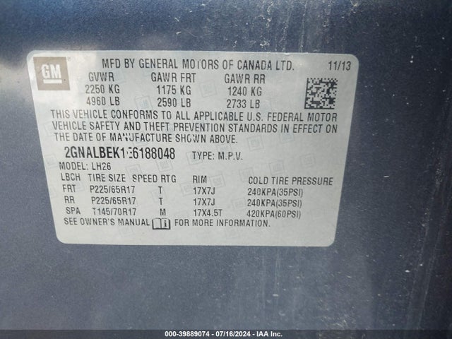 Chevrolet EQUINOX 1LT 2014 2GNALBEK1E6188048 Image 9