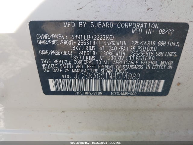 JF2SKAGC1NH514989 Subaru Forester Sport
