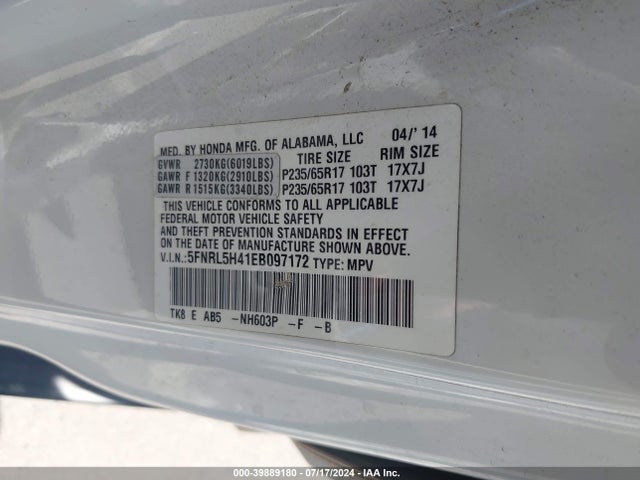 Honda ODYSSEY EX 2014 5FNRL5H41EB097172 Image 9