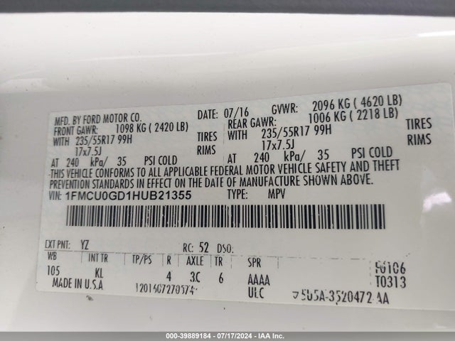 Ford ESCAPE SE 2017 1FMCU0GD1HUB21355 Image 9