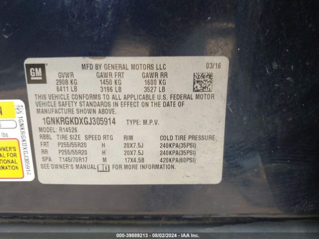 1GNKRGKDXGJ305914 Chevrolet Traverse 1lt