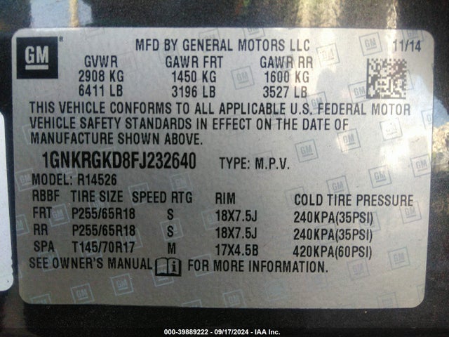 1GNKRGKD8FJ232640 Chevrolet Traverse 1lt