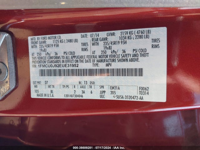 Ford Escape Titanium 2014 1FMCU0J92EUE31952 Image 9
