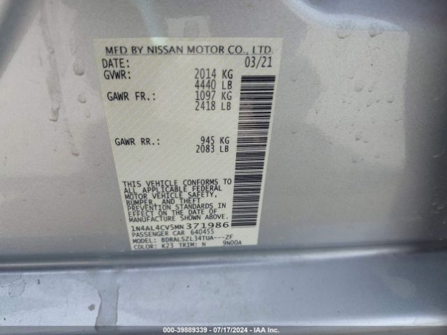 1N4AL4CV5MN371986 Nissan Altima Sr Vc-turbo Fwd