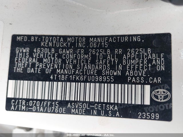 Toyota CAMRY SE 2015 4T1BF1FK6FU098955 Image 9