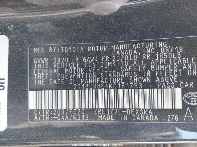 Toyota COROLLA SE 2019 2T1BURHE4KC161753 Image 9