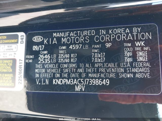KNDPM3AC5J7398649 KIA Sportage Lx