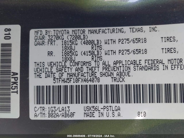 5TFHW5F10FX464078 Toyota Tundra Limited 5.7l V8