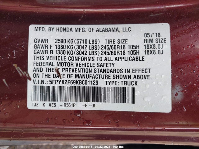 Honda Ridgeline Rtl-t 2019 5FPYK2F69KB001129 Image 9