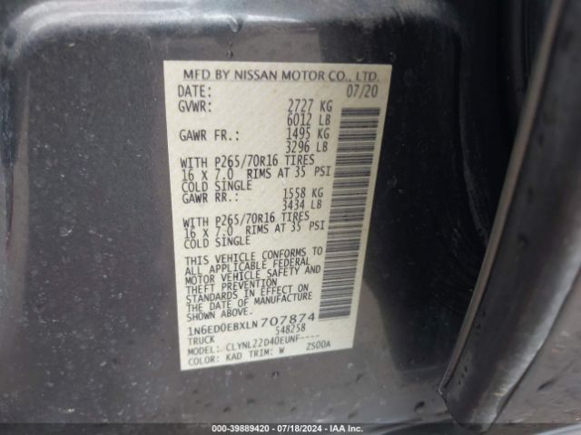 1N6ED0EBXLN707874 Nissan Frontier Sv 4x4